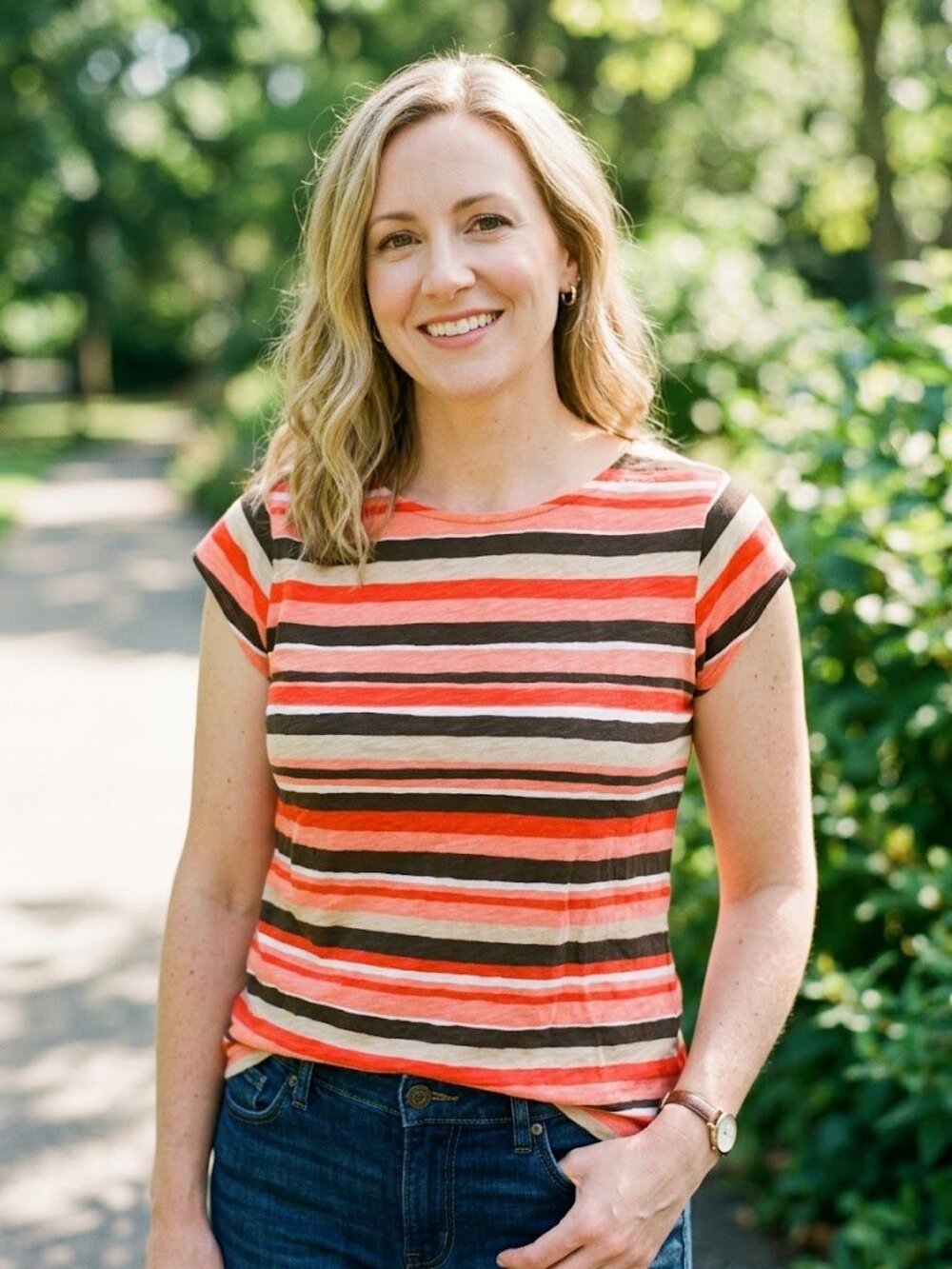 Talbots Striped Slub Cotton Short Sleeve T-Shirt in Coral